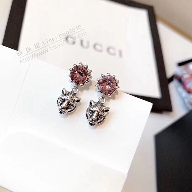GUCCi飾品 黃銅材質搭配純銀針 古馳耳環吊環 Gucci粉鑽豹頭耳釘  zgbq1163